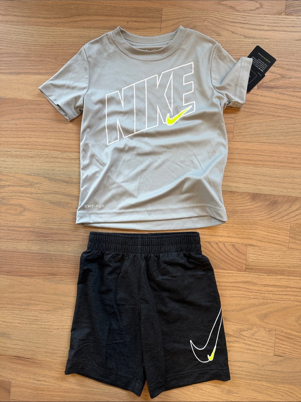 Nike Gray Tee with Black Shorts and Neon Yellow Swoosh